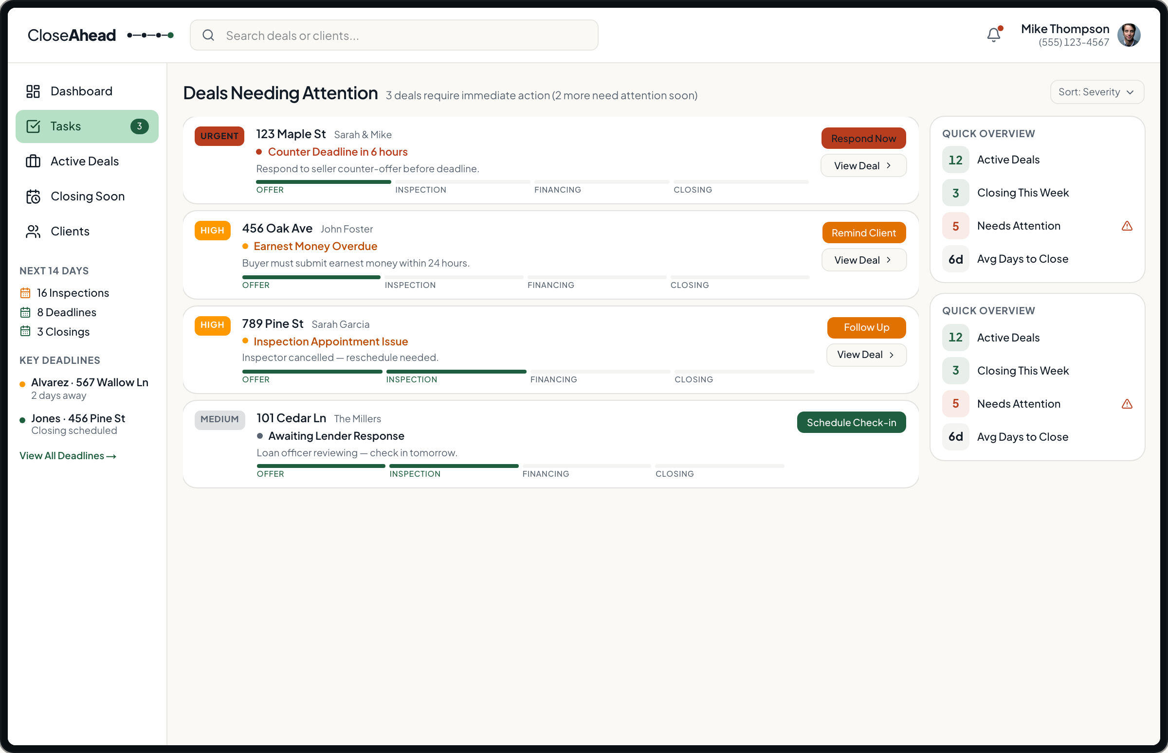 CloseAhead deals needing attention view