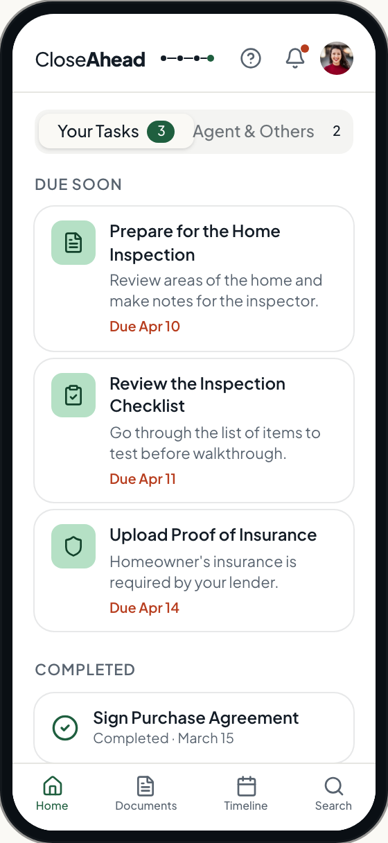 CloseAhead client tasks view