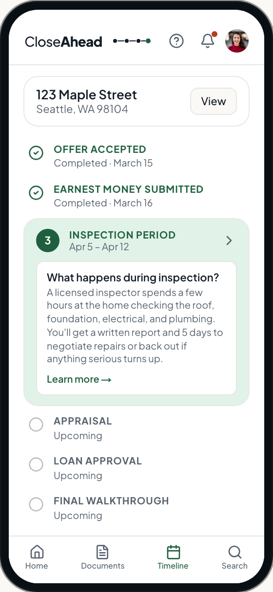 CloseAhead client timeline view